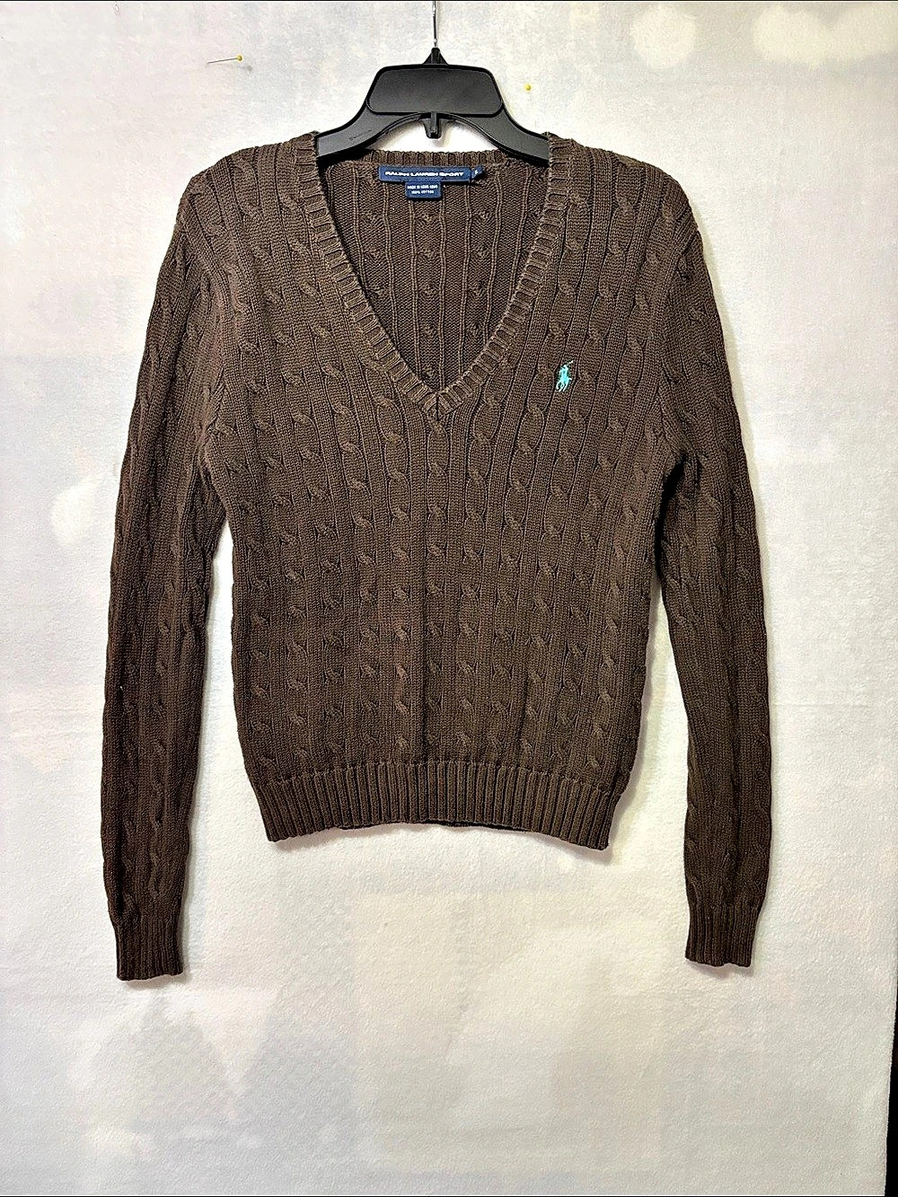 Ralph Lauren Sport Fitted Cable-Knit Cotton V-Neck Sweater Brown XL